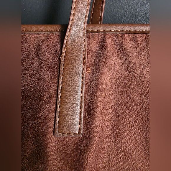 Chocolate Brown Faux Suede Faux Leather Bow Tote 16x11x6'D Books Beach Gym - Picture 4 of 8